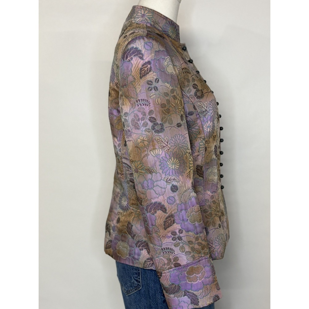 Tesori Floral Brocade Blazer Jacket Lavender Gold Mandarin Collar Size Small - Picture 4 of 11